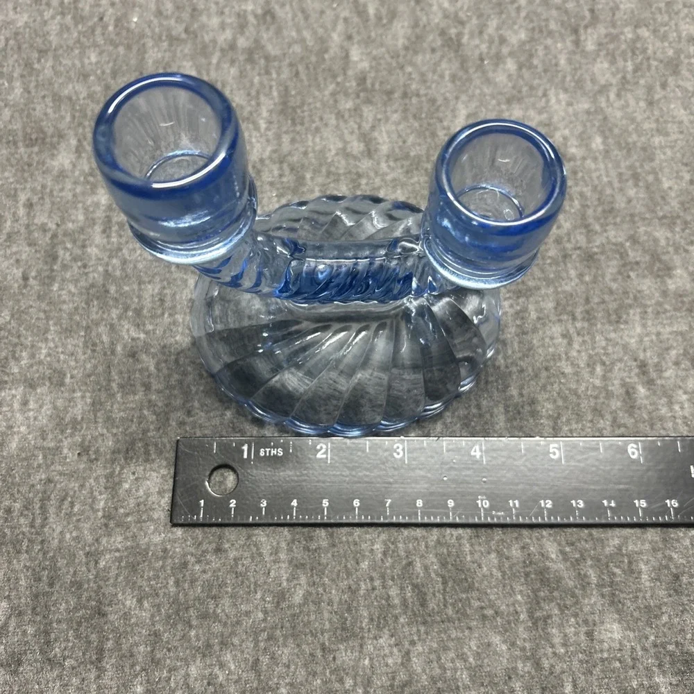 Vtg Double Offset Level Glass Taper Candlestick Holder Viennese Blue Twist Swirl